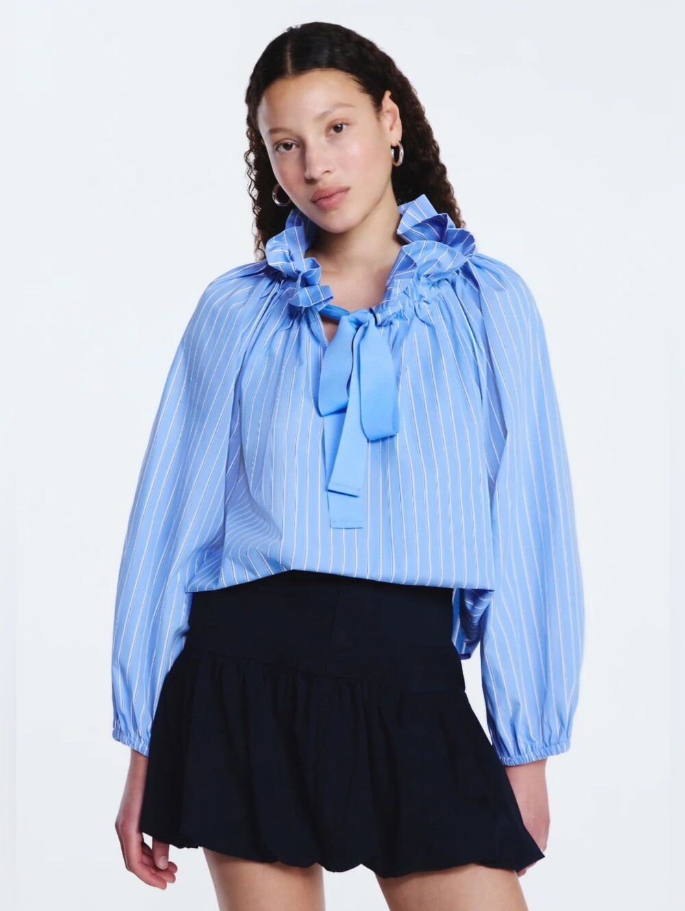 Free Assembly Women's Ruffle Tie Neck Cotton Blouse Blue Stripe XXL(20) NWT - Picture 4 of 7